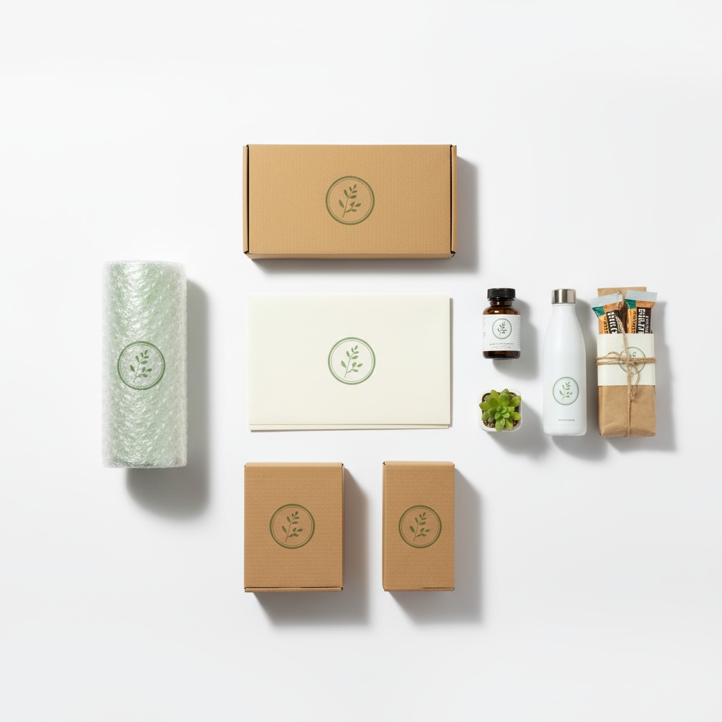 Sustainable eco-friendly packaging products. Boxes in brown and white, bubble wrap, herbal drink, reusable insulated bottl...