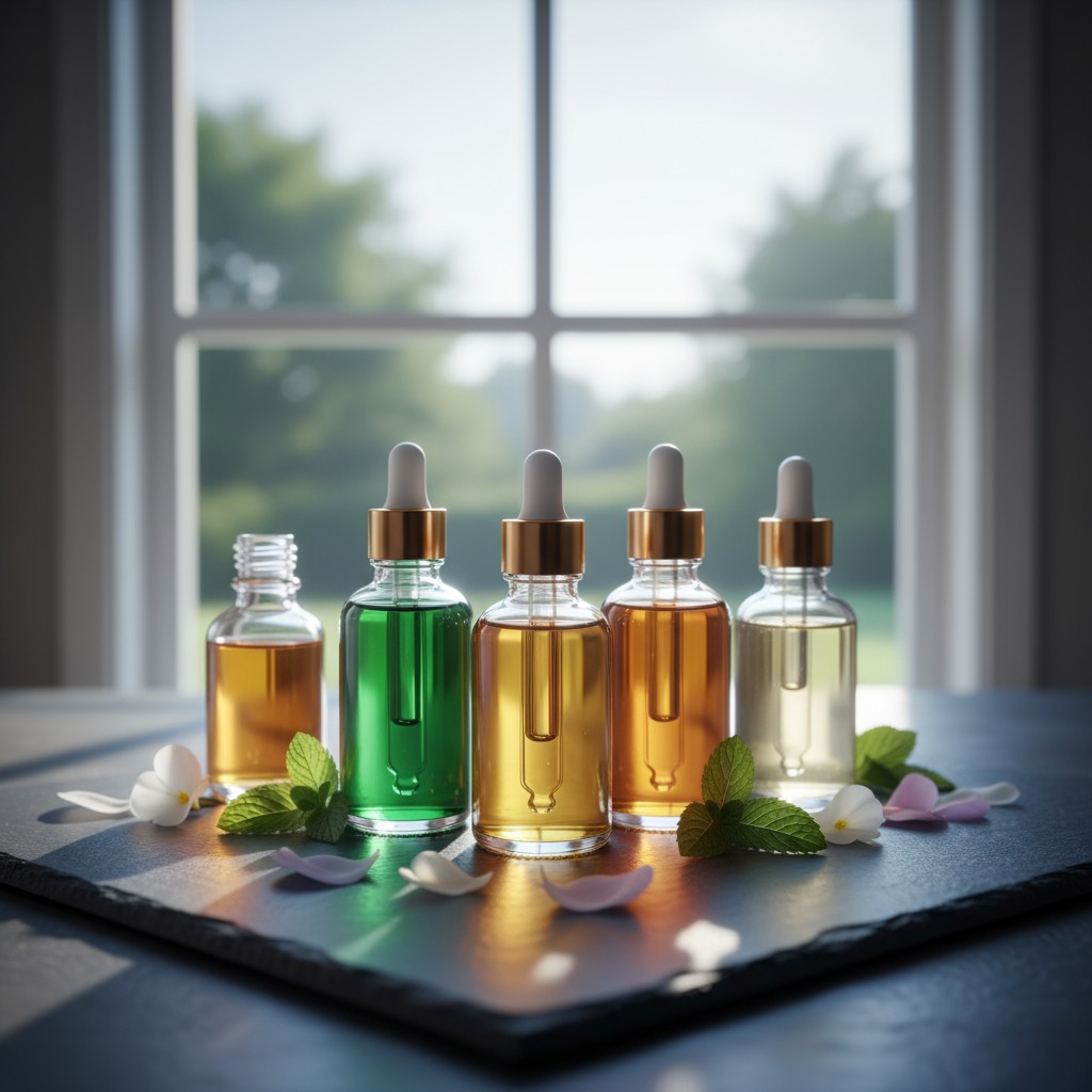 A close-up photograph of four bottles of concentrated extract, each with a dropper top and colored in apple green, honey, ...