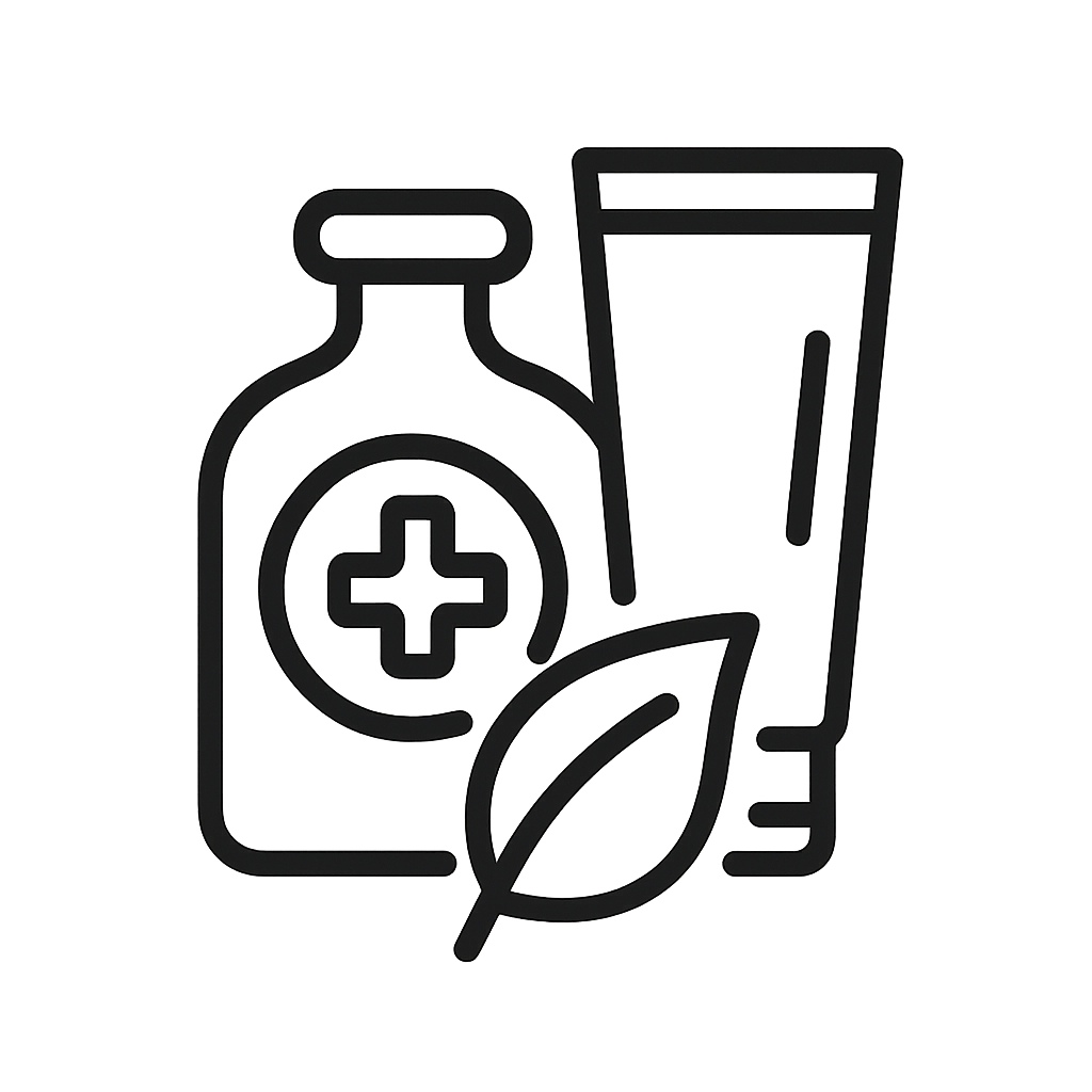 A simple black and white digital illustration of a bottle and a tube, reminiscent of the ones used to hold medicine, with ...